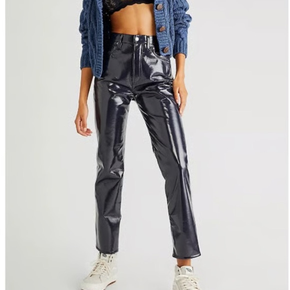 AGOLDE navy blue patent leather 90s pinch waist straight leg pants